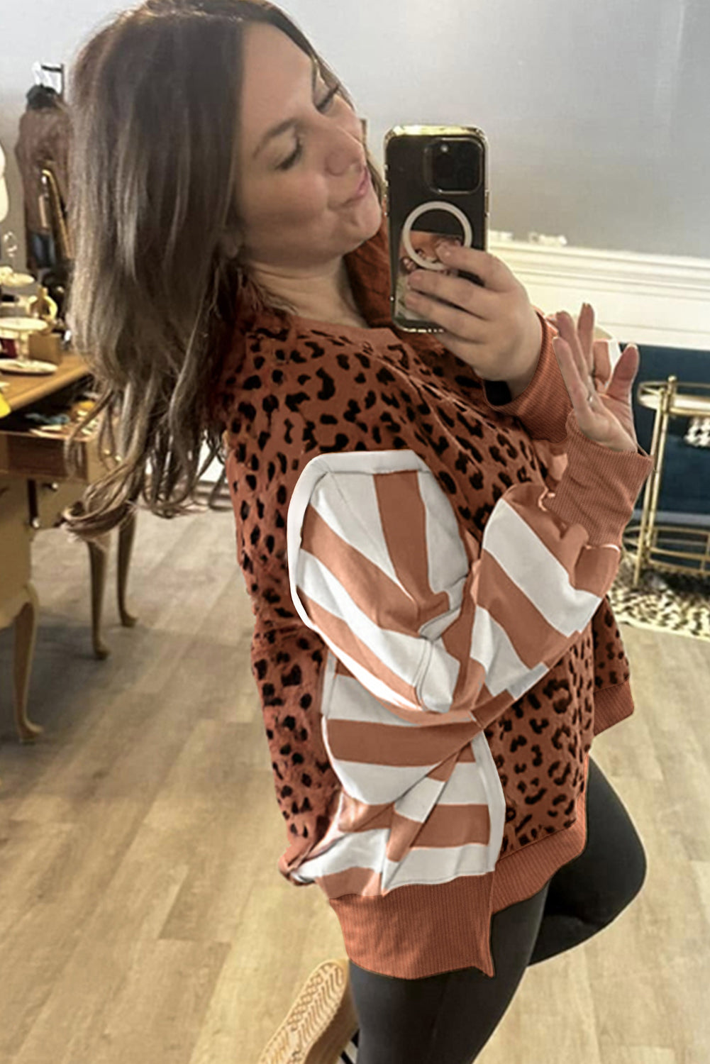 Khaki Leopard Striped Patchwork Plus Size Loose Sweatshirt