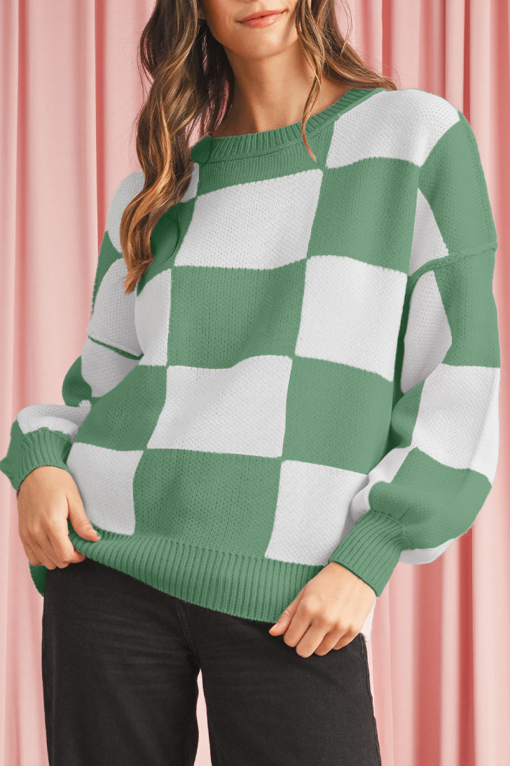 Green Checkered Bishop Sleeve Pullover Sweater