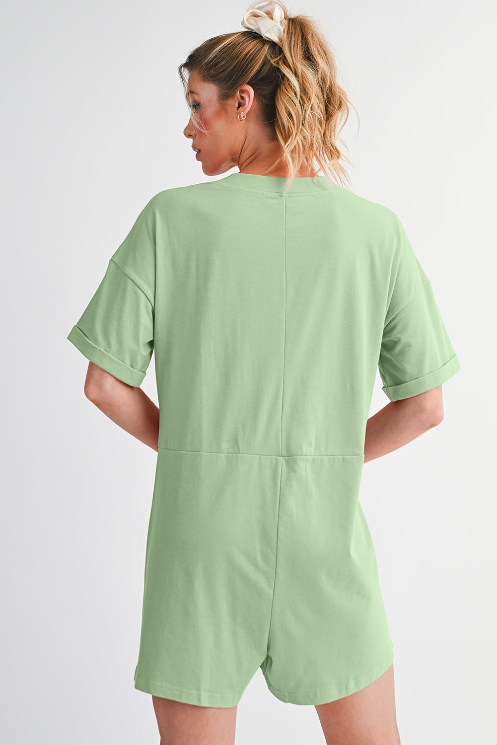 Grass Green Loose Half Sleeve V Neck Plain Romper