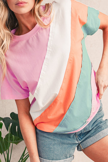 Pink Color Block Patchwork Seamed Crewneck T Shirt