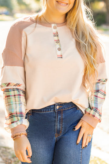 Parchment Plus Size Plaid Waffle Patchwork Henley Top