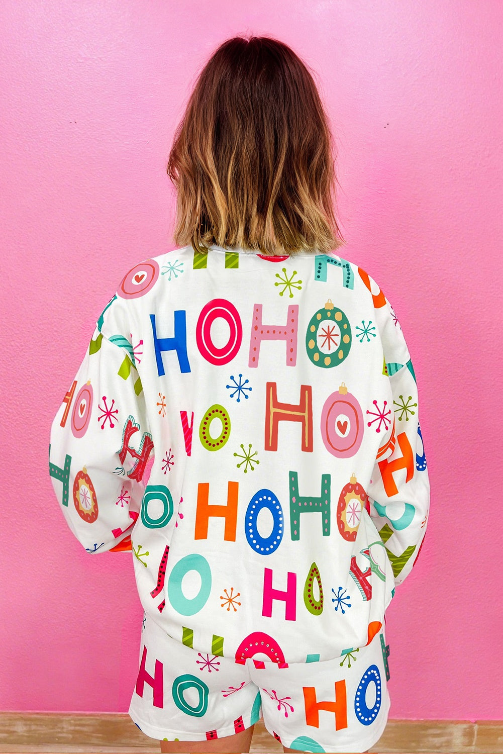 White Ho Ho Ho Letter Graphic Christmas Pajama Set