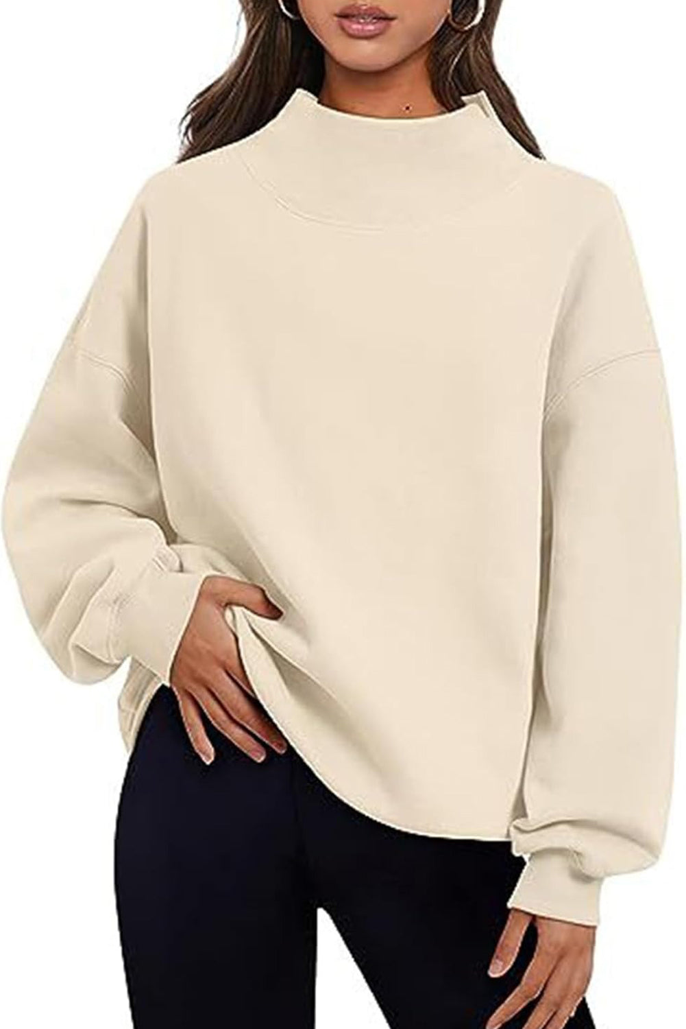 Apricot Solid Color High Neck Long Sleeve Loose Sweatshirt