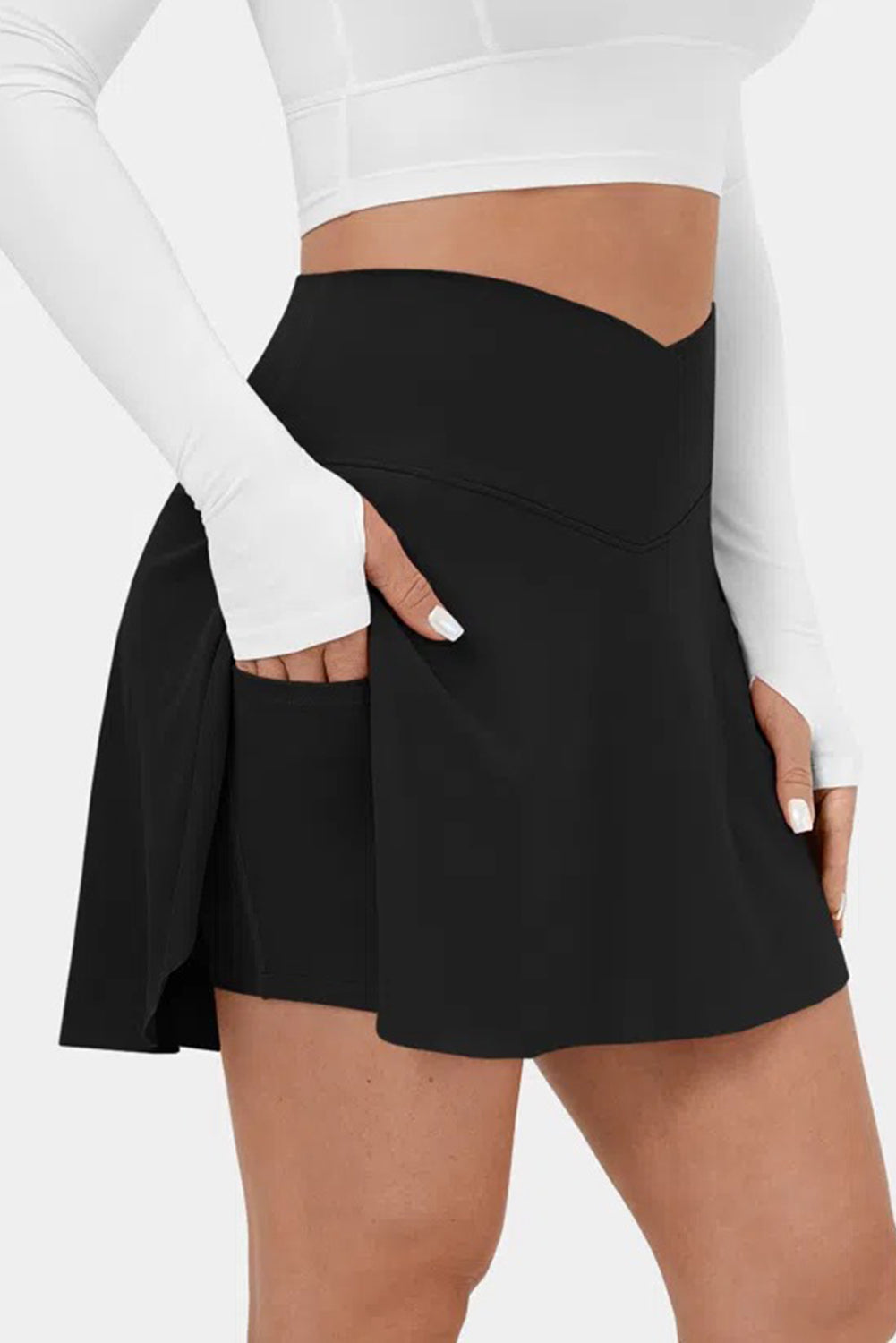 Black Solid Pocketed Cross Criss High Waist Swim Skort