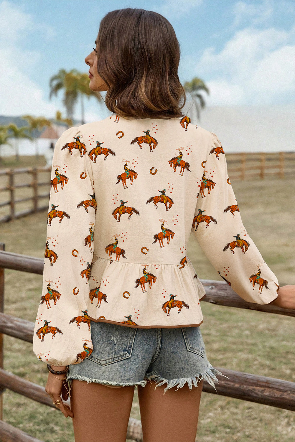 Apricot Rodeo Print Tied Front Puff Sleeve Peplum Top