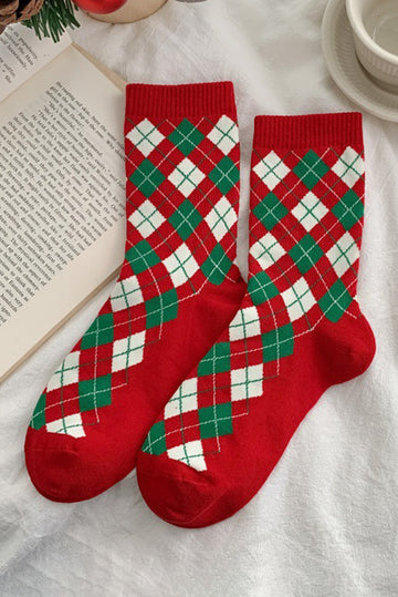 Fiery Red Classic Christmas Argyle Print Socks