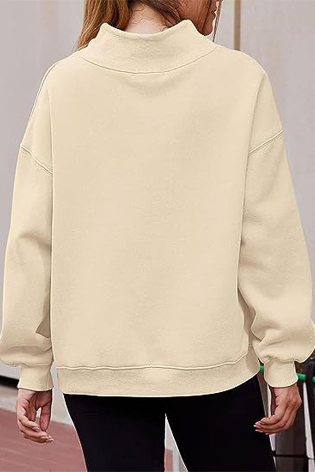 Apricot Solid Color High Neck Long Sleeve Loose Sweatshirt
