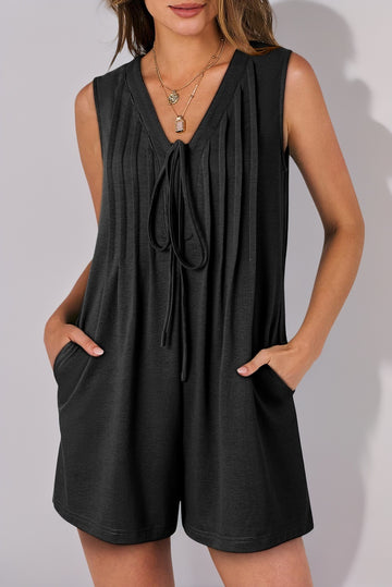 Black Tie V Neck Pleated Sleeveless Loose Romper