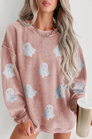 Pink Halloween Ghost Transfer Vinyl Process Corded Crew Neck Loose Sweatshirt