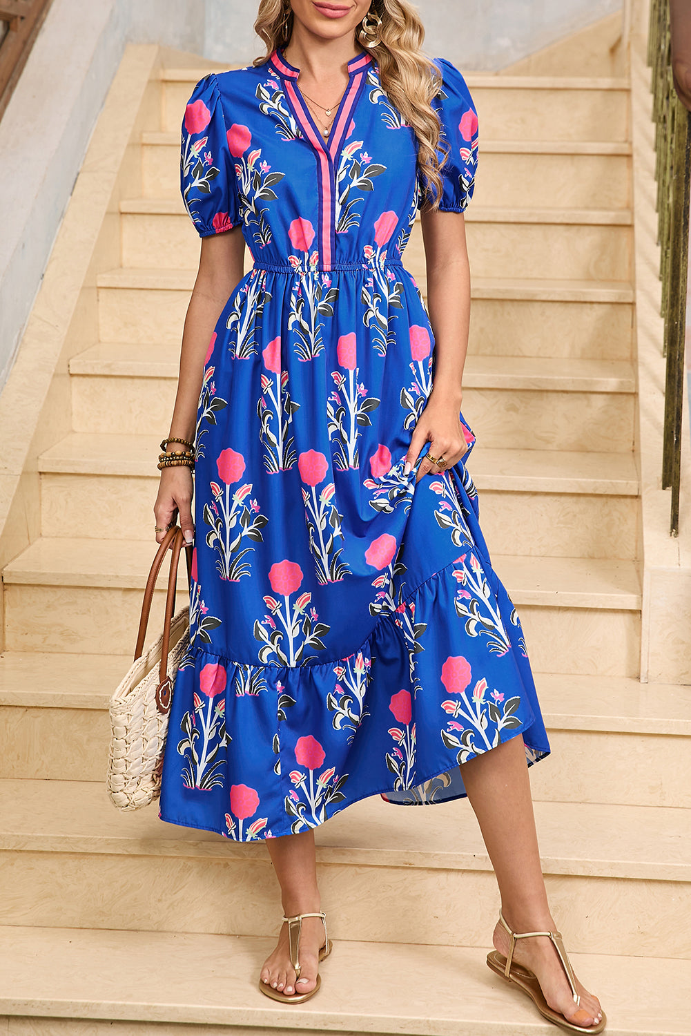 Sky Blue Floral Ruffle Hem Pop of Color Neckline Dress