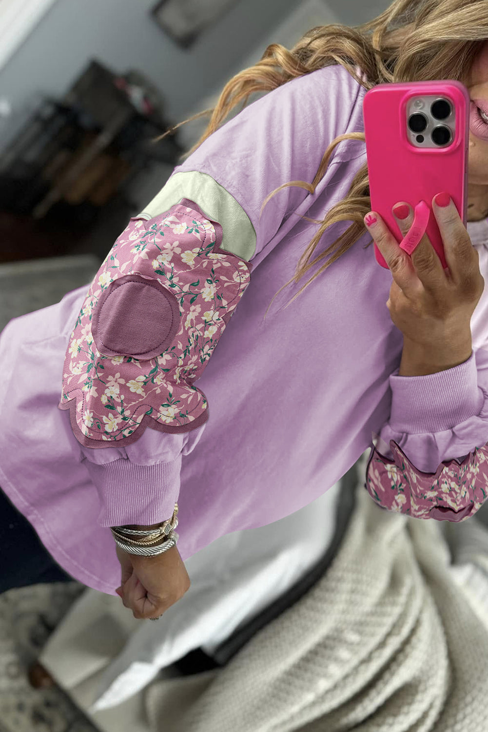 Phalaenopsis Flower Patched Colorblock Plus Size Pullover Top