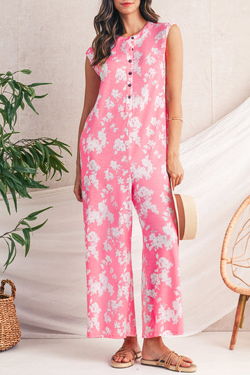 Pink Floral Print Sleeveless Wide Leg Jumpsuit