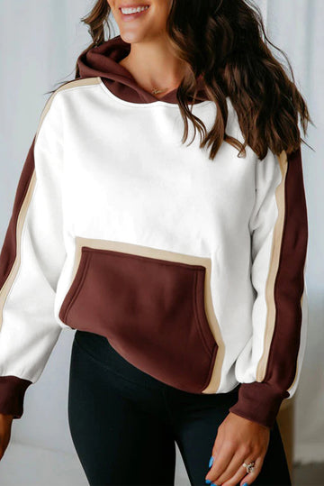 Coffee Colorblock Kangaroo Pocket Long Sleeve Hoodie