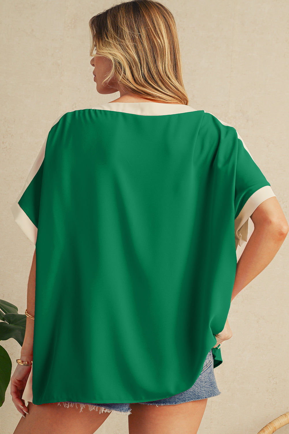 Green Colorblock Batwing Sleeve Boat Neck Blouse