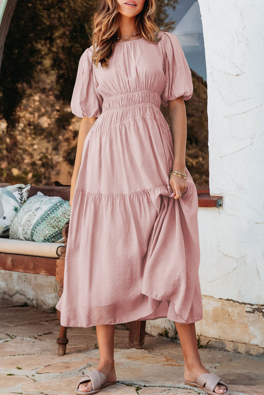 Pink Puff Sleeve High Waist Flowy Midi Dress