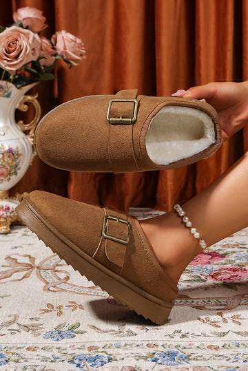 Camel Faux Suede Buckle Strap Detail Winter Clog Slippers