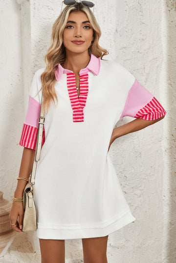White Stripe Colorblock Sleeve Collared Pop of Color Neckline Dress