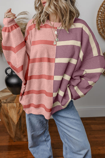 Pink Striped Patchwork Drop Shoulder Sweater