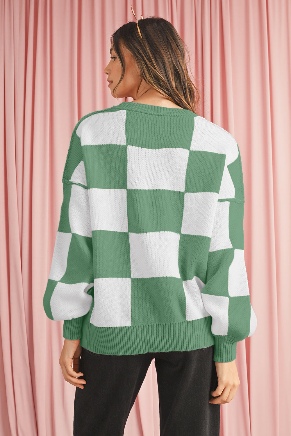 Green Checkered Bishop Sleeve Pullover Sweater