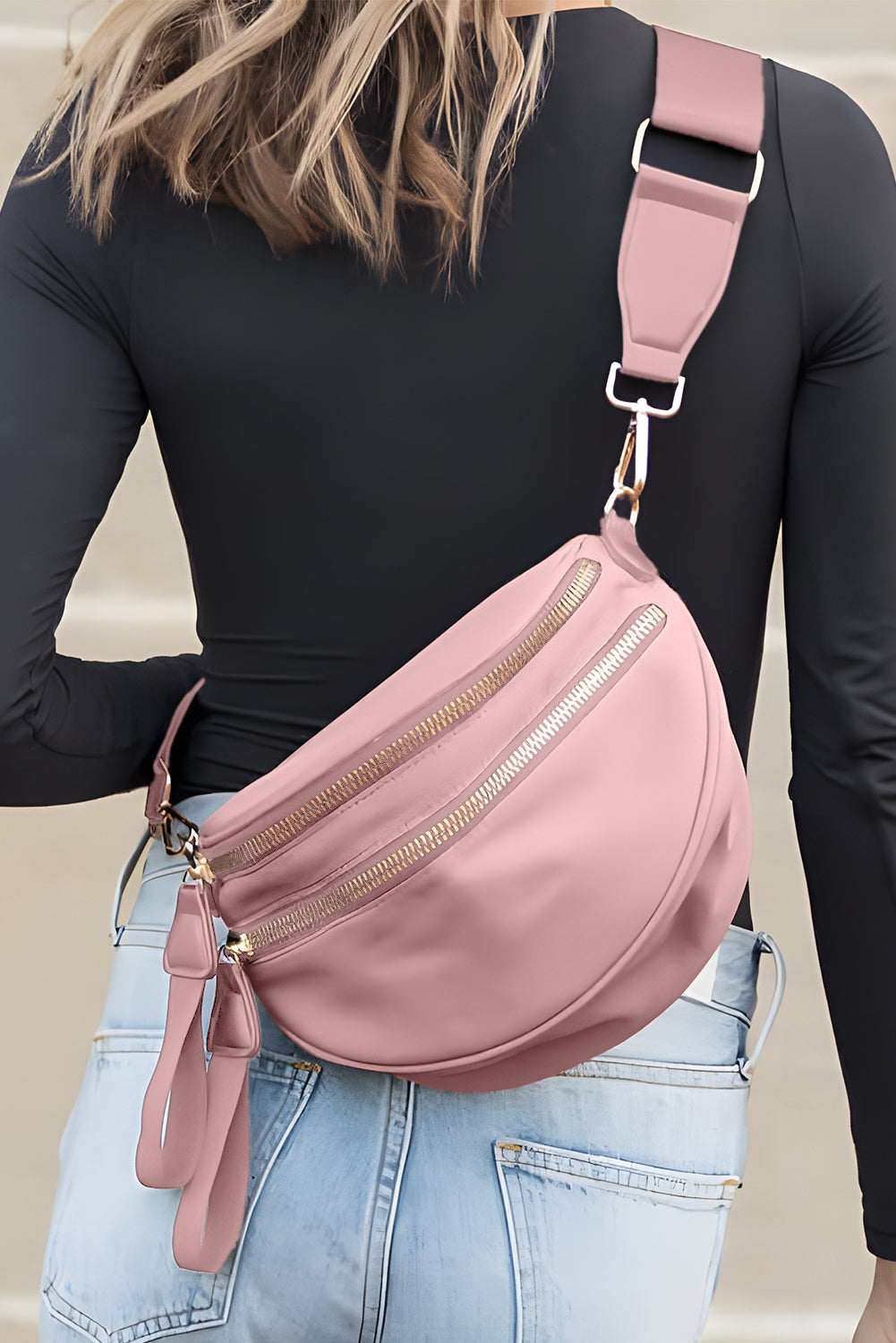 Pink Wide Strap Double Zipper Crossbody Bag