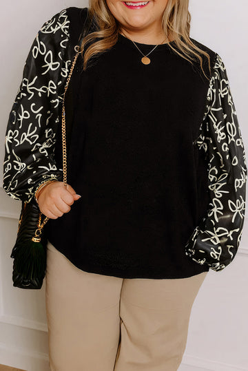 Black Bow Print Sleeve Patchwork Plus Size Blouse