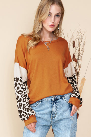 Brown Leopard and Glitter Patchwork Long Sleeve Top