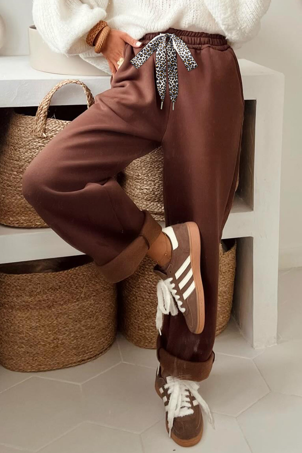 Coffee Leopard Drawstring Winter Fleece Pants