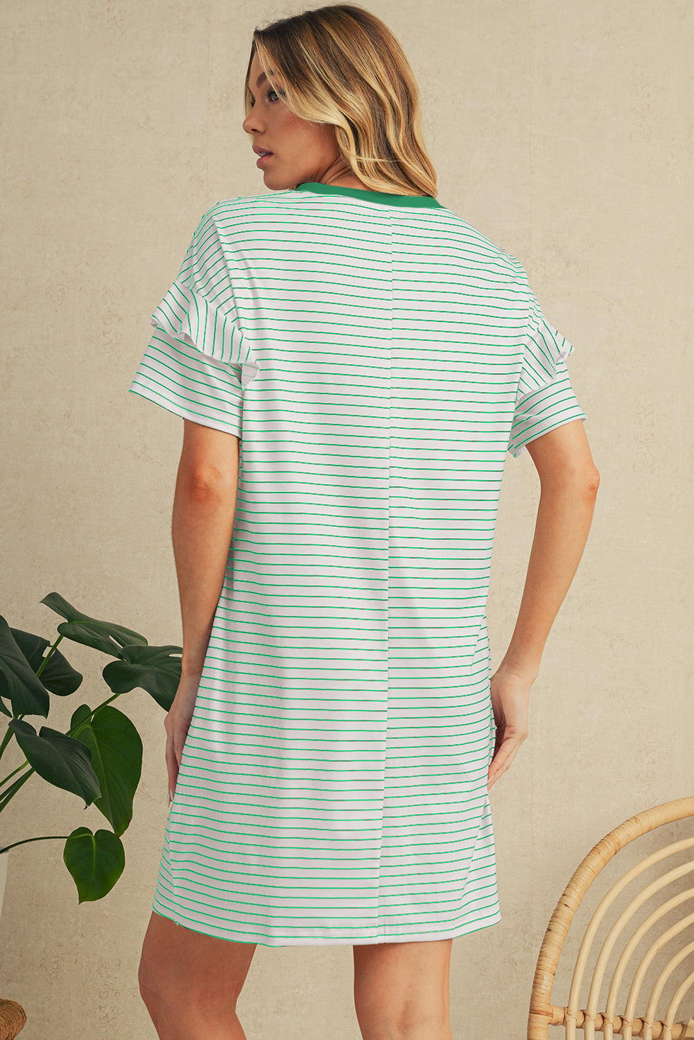Green Stripe Ruffle Short Sleeve T Shirt Mini Dress