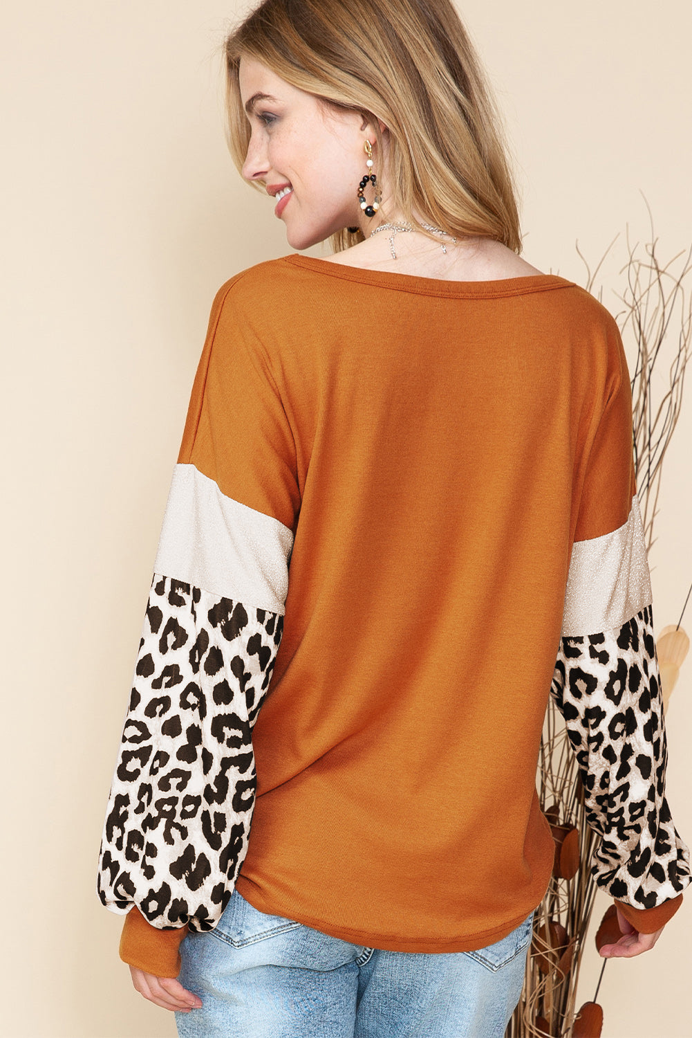 Brown Leopard and Glitter Patchwork Long Sleeve Top