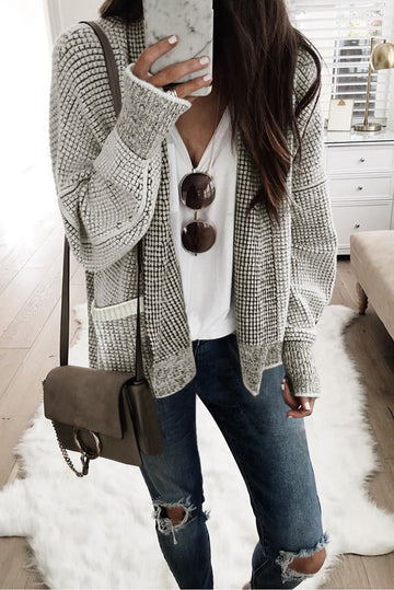 Gray Chunky Knit Pockets Drop Sleeve Cardigan