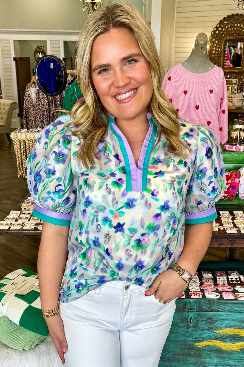 Green Floral Print Pop of Color Split Neck Puff Sleeve Plus Size Blouse