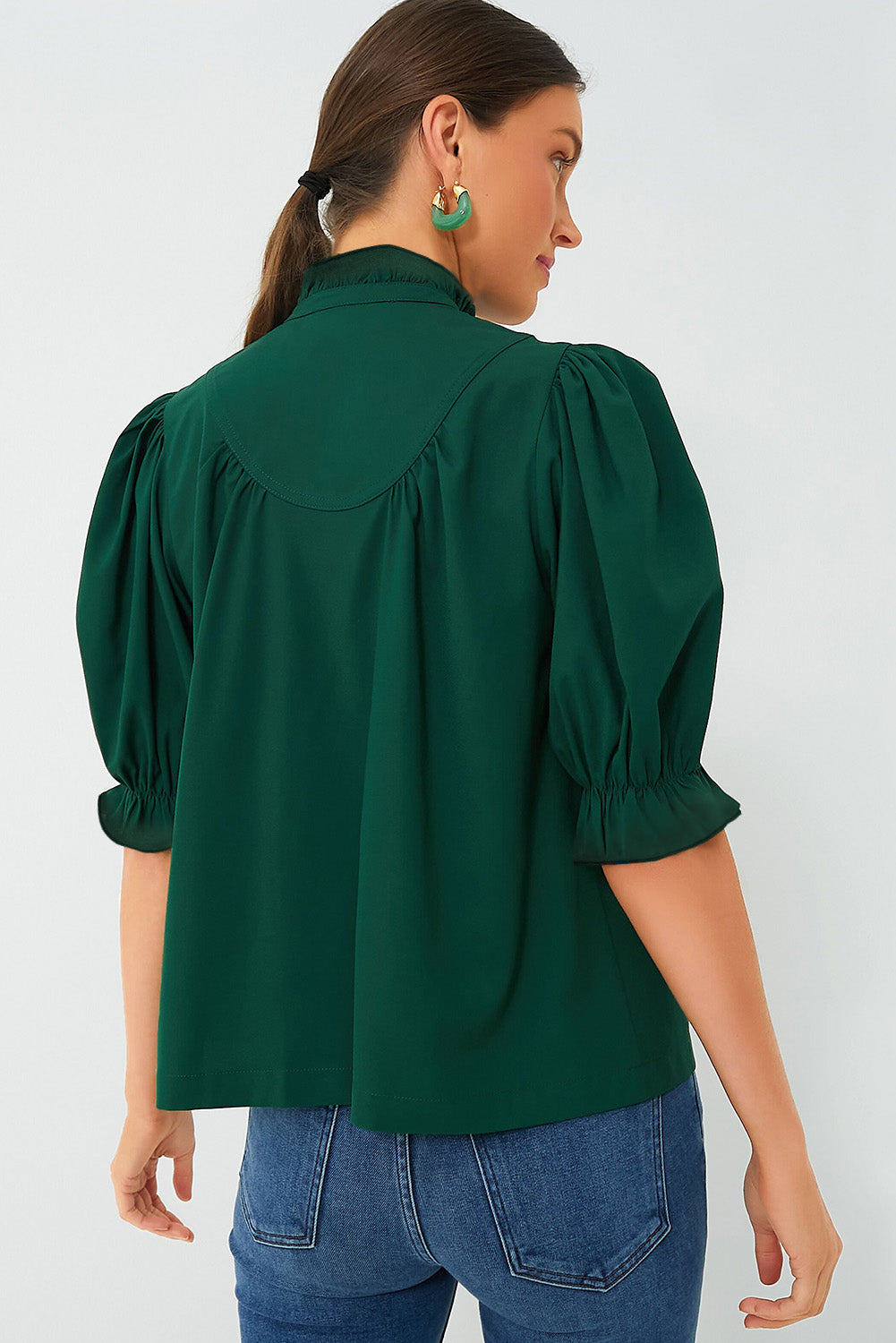 Blackish Green Plain Puff Sleeve Frill Trim Blouse