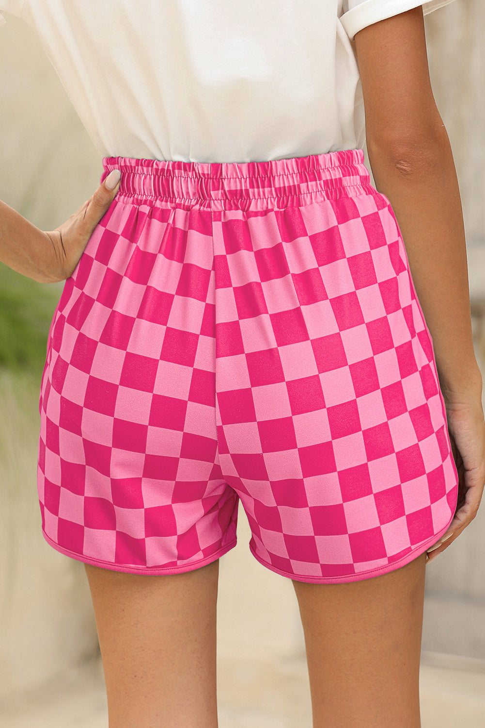 Rose Checkered Drawstring Elastic Waist Casual Shorts