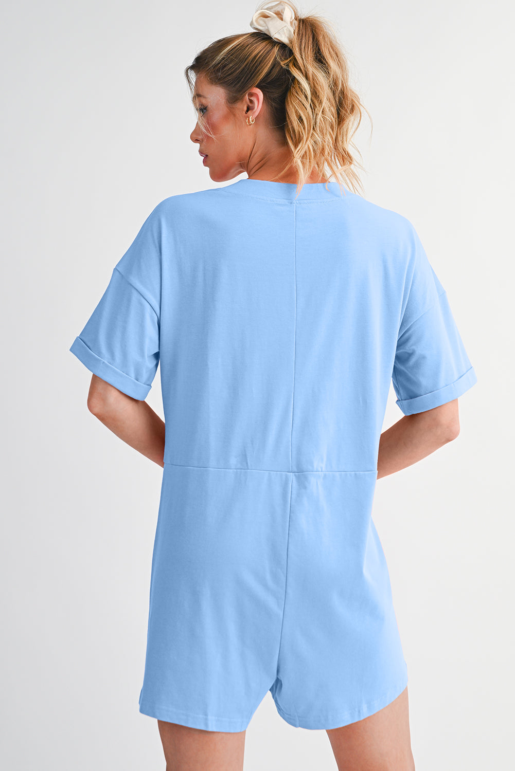 Myosotis Loose Half Sleeve V Neck Plain Romper