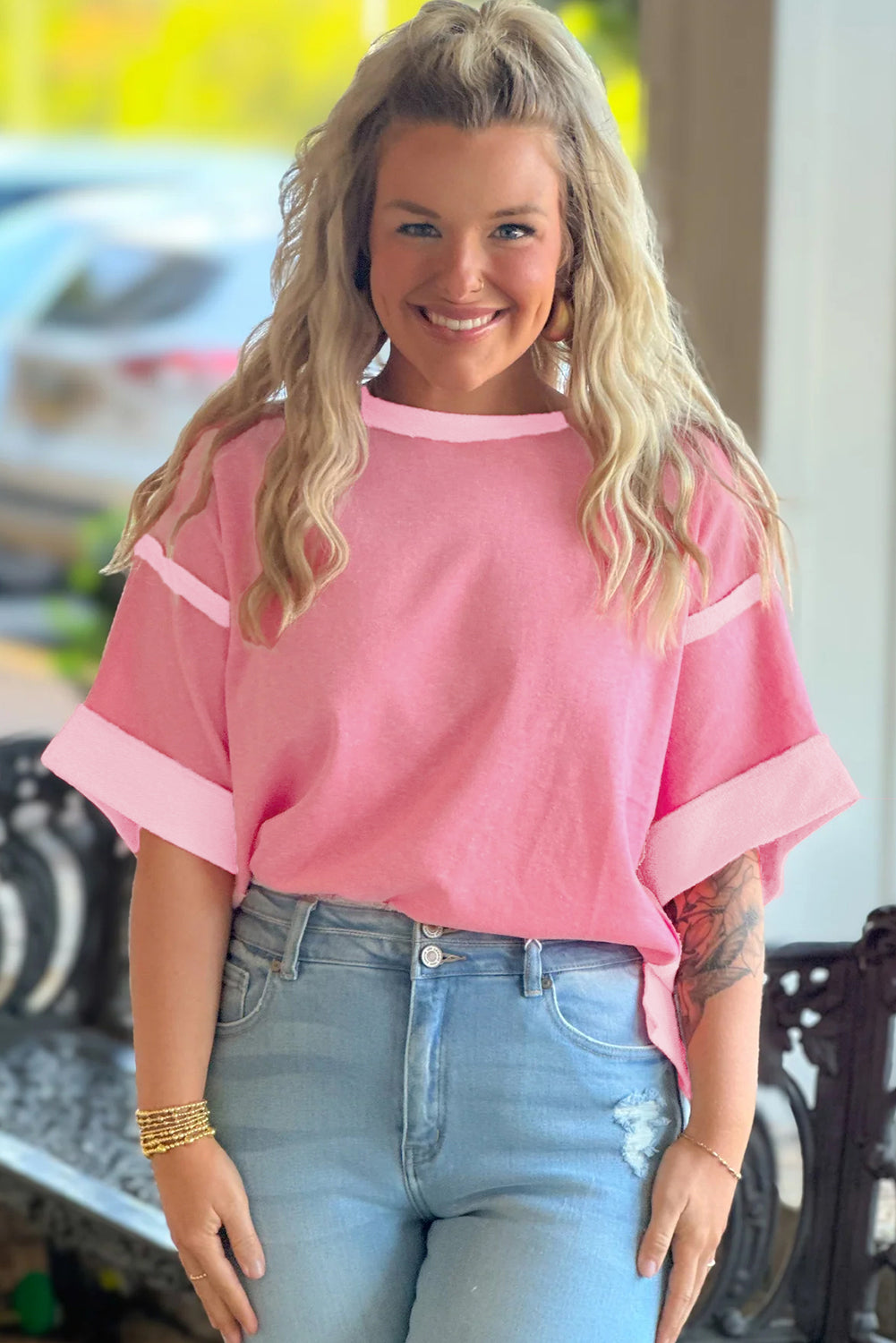 Peach Blossom Color Block Patchwork Plus Size Top