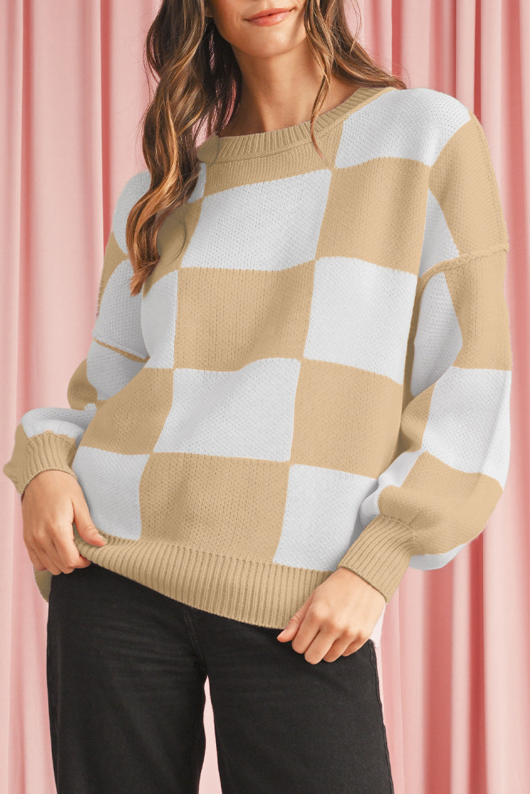 Khaki Plaid Bishop Sleeve Pullover Sweater