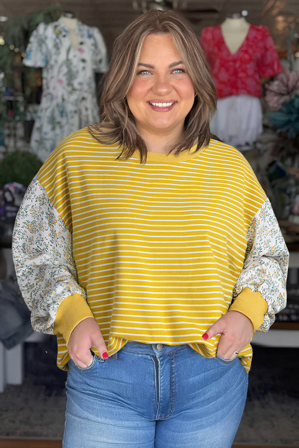 Yellow Striped Floral Patchwork Sleeve Plus Size Loose Top