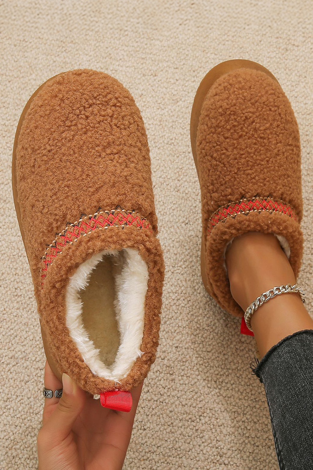 Chestnut Contrast Edge Plush Thick Sole Slippers