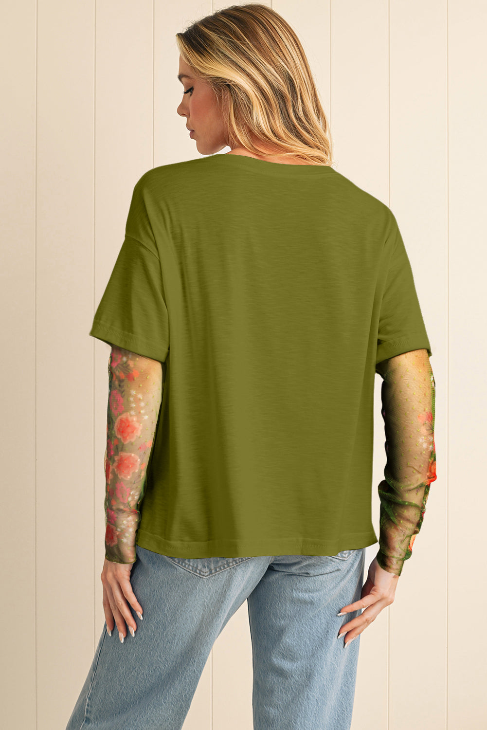 Fern Green Floral Mesh Patchwork Sleeve Crewneck Top
