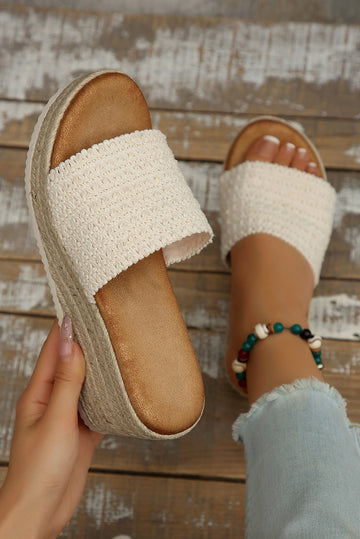 White Boho Woven One Band Wedge Slippers