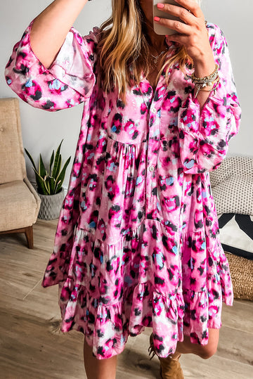 Rose Leopard Button V Neck Pocket Flowy Mini Dress