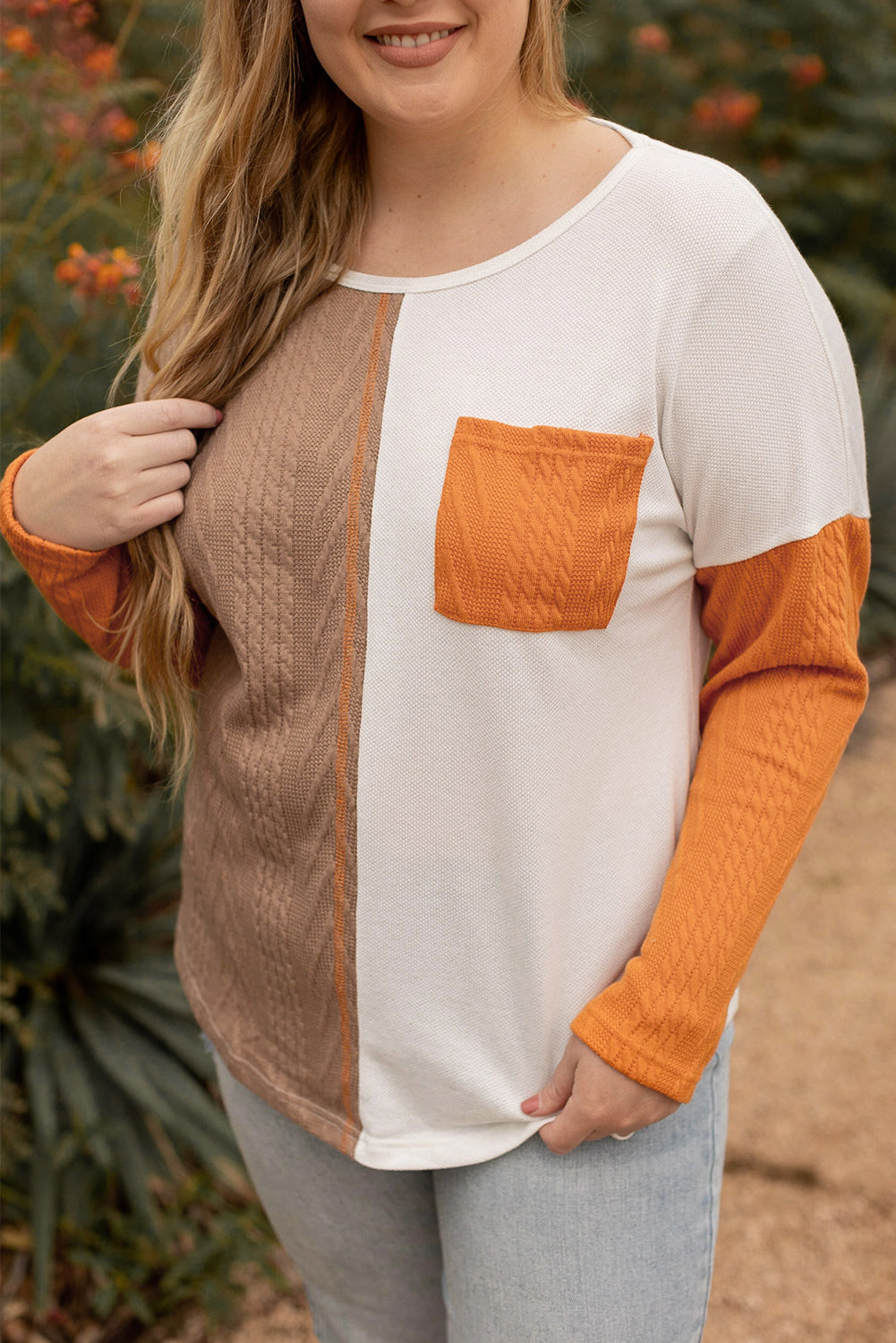 Chestnut Plus Size Pocket Textured Patchwork Top